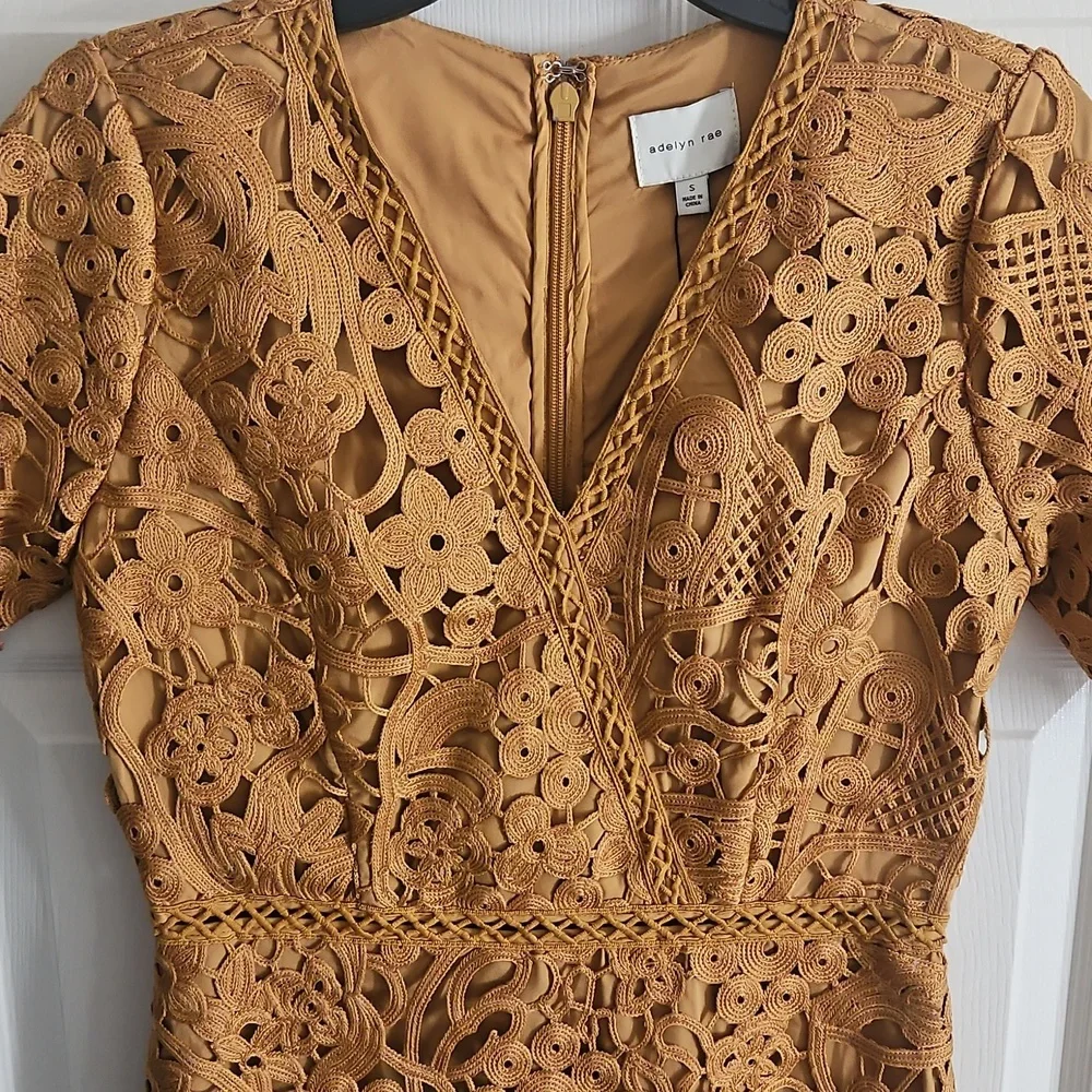 Adelyn Rae Lace V-neck Short Sleeve Sheath Mini Dress: Color- Mustard - Picture 4 of 11